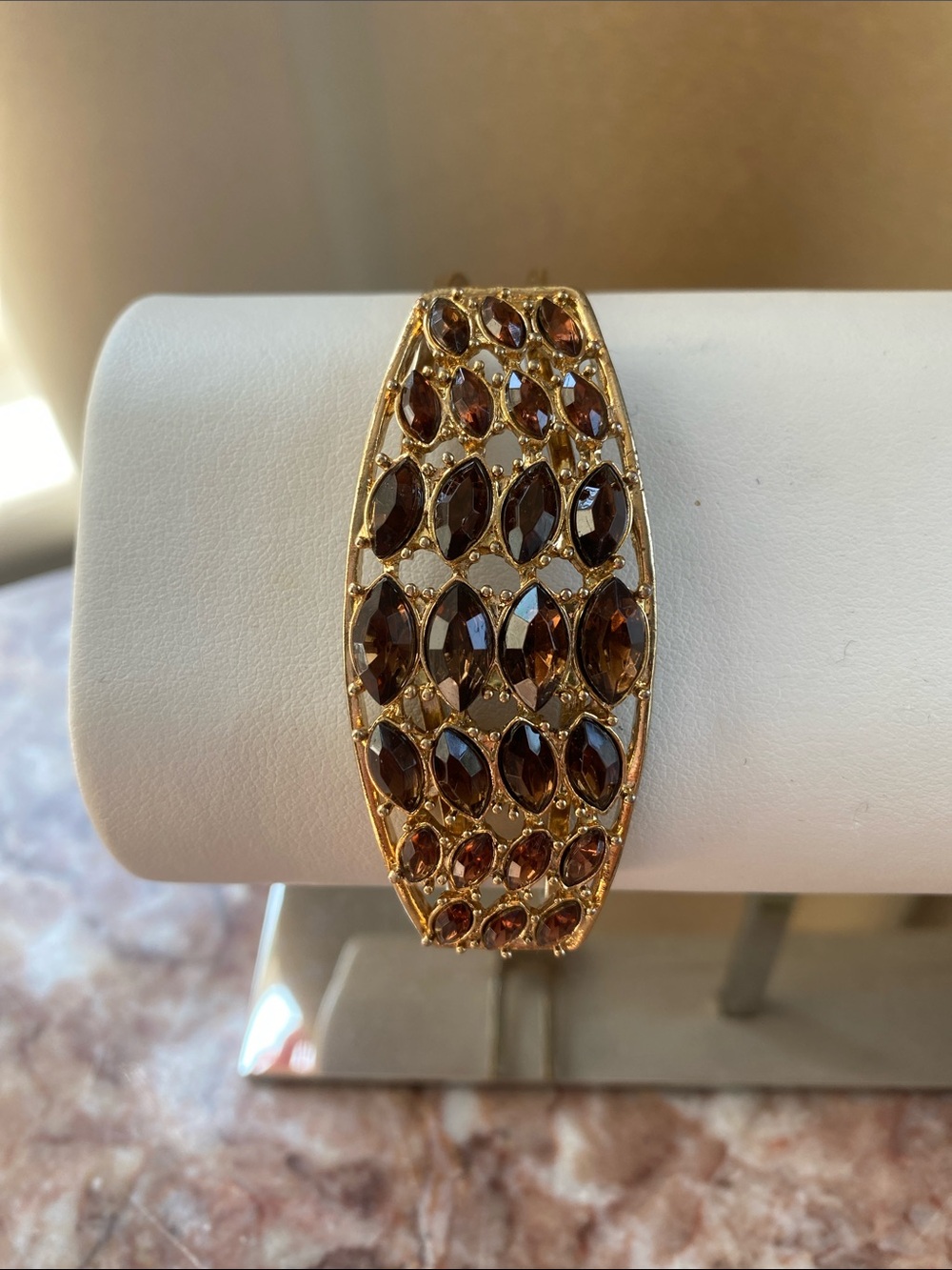 Vintage Gold-Tone Bracelet with Brown Rhinestones Hinged Cuff